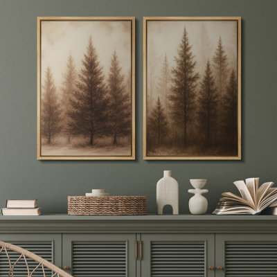 Sepia Pine Tree Forest Duo Tranquil Woodland Landscape – Pictures Framed Canvas Print 2 Pieces Wall Art