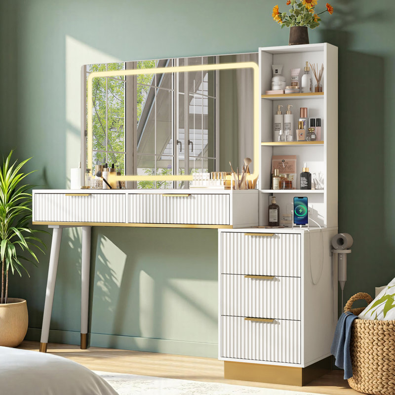  48" Vanity Desk with 35" Large Lighted Mirror, 5 Drawers & Shelves & Charging Station, White, White
