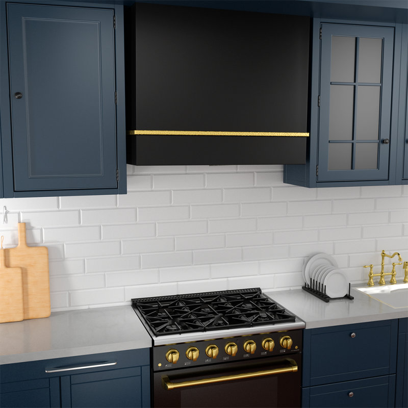 Akicon 36" Stainless Steel 600 CFM Ducted (Vented) Wall Mounted Required Range Hood, Black/Gold