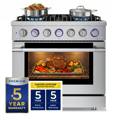 Cuisinière à double combustible de 36 po Hauslane en acier inoxydable | 6 brûleurs jusqu'à 20 000 Btus | Four à convection de 5,2 pieds cubes avec 5 positions de cuisson | N / L convertible | Porte triple couche Cool-Touch