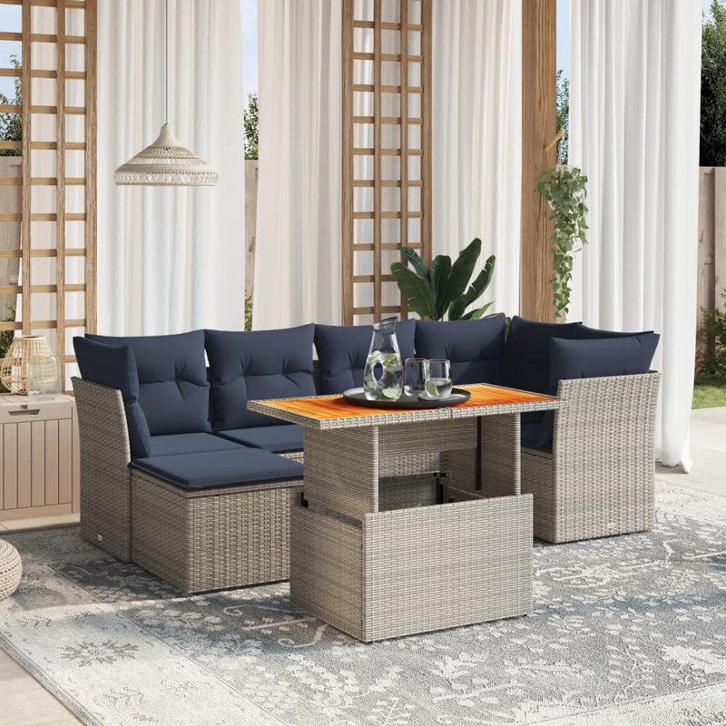  Ensemble de canapé de patio 7 pièces avec coussins en rotin de polyester gris, Gris, Marine