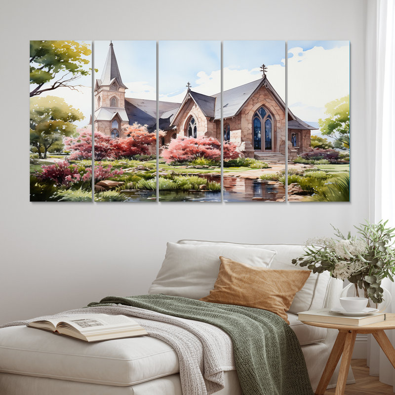 Aquarelle rustique de la chapelle de mariage - impression sur toile paysage romantique - 5 panneaux égaux