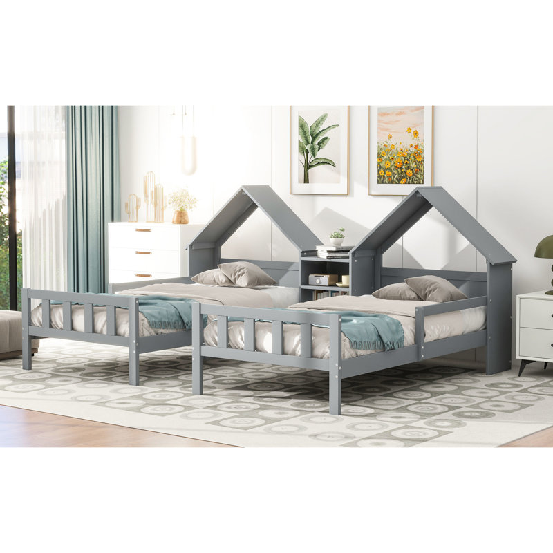 Lit plateforme gris avec tête de lit attrayante en forme de maison et tête de lit double intégrée