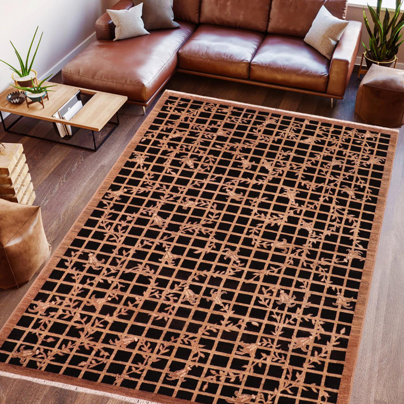 Tapis brun / noir en laine noué à la main à motif floral 6 pi 2 po x 8 pi 9 po Kellyanna