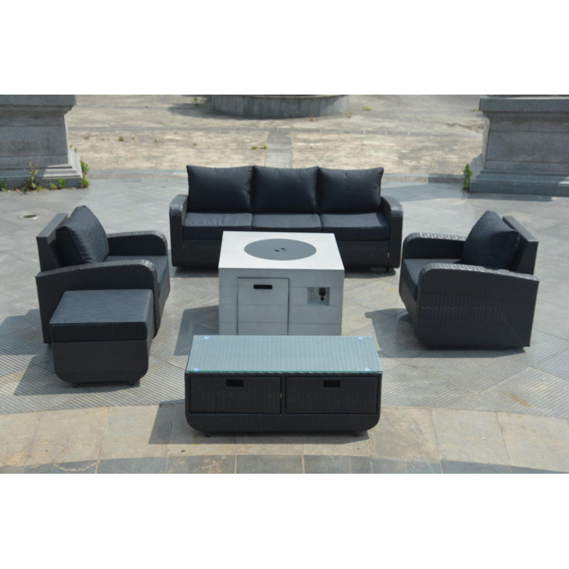 6 - Person Patio Conversation Set with Cushions, Black, Black