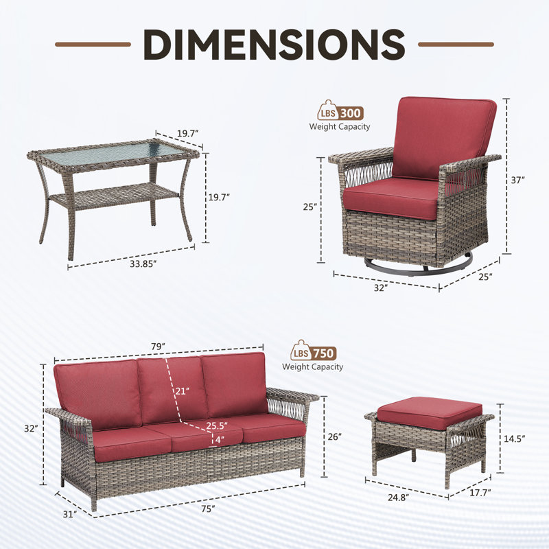 Ensemble de conversation pour canapé d'extérieur 6 pièces avec table basse Anferney, Rouge