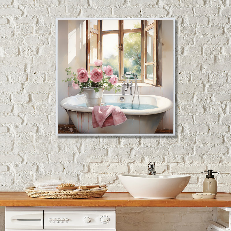 «Bath Laundry Gentle Watercolor I», reproduction sur toile, H 16 po x l 16 po x P 1 po, Cadre flottant blanc