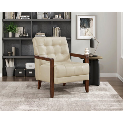 Fauteuil inclinable en cuir beige, bois délavé et massif avec fauteuil en noyer, base en contreplaqué