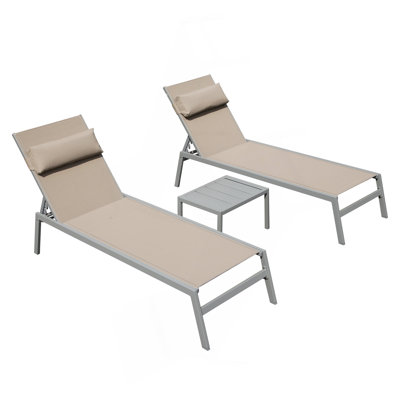 Patio Chaise Lounge Set Of 3, Aluminum Pool Lounge Chairs With Side Table, Outdoor Adjustable Recliner All Weather For Poolside, Beach, Yard, Balcony (Khaki)