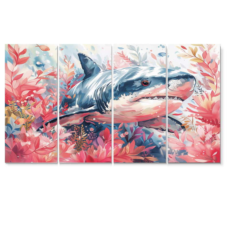 Pink Grey Hunting Shark Watercolor II - Shark Wall Art Print Set, 28" H x 48" W