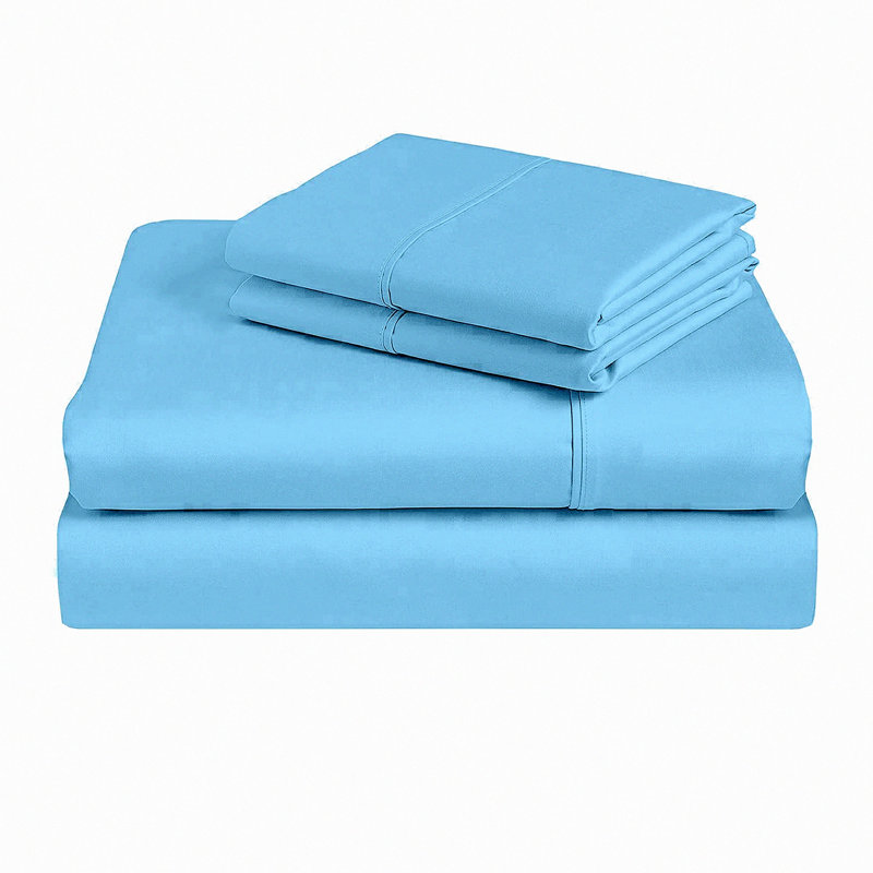 CoolCotton Queen Waterbed Sheet Set - Breathable & Ultra Soft 4 Piece Attached Fitted Sheet, 100% Cotton, 15" Deep Pocket, Light Blue Solid.