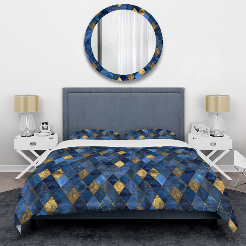 Cobalt Blue Glam Triangles - Ensemble de housse de couette glam, Housse de couette très grand + 2 taies décorativ