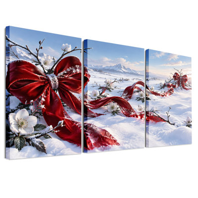 " Large Red Bows and White Flowers on Christmas " 3 Piece Art