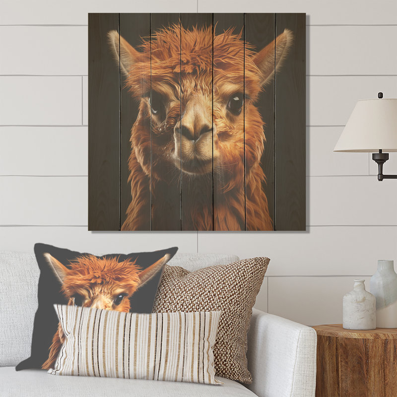 Serene Alpaca In Natural Elegance - Alpaca On Wood Print, 25" H x 25" W