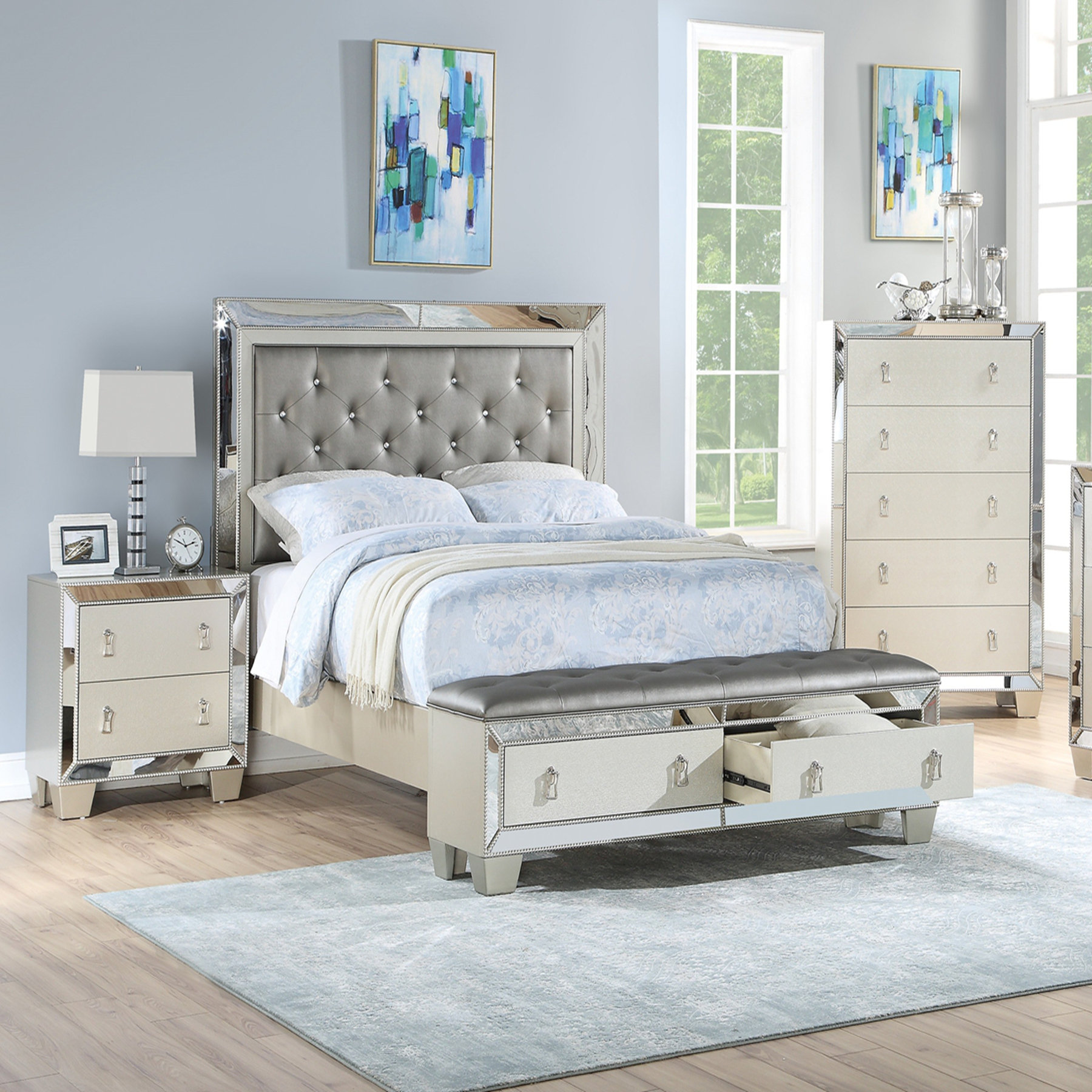 Everly Quinn 1pc Bed w Drawers Footboard Silver Mirror Accents Tufted ...