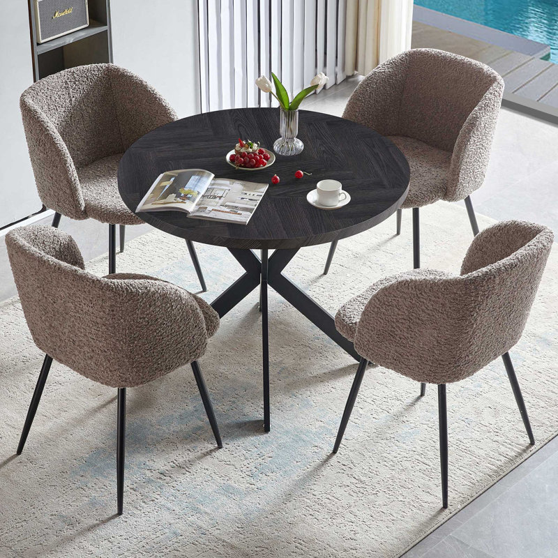 5 Piece Round Dining Table And Chair Set, Sherpa Armchairs With Black Table, 5 Pieces: Table, 4 Chairs, Brown/Black