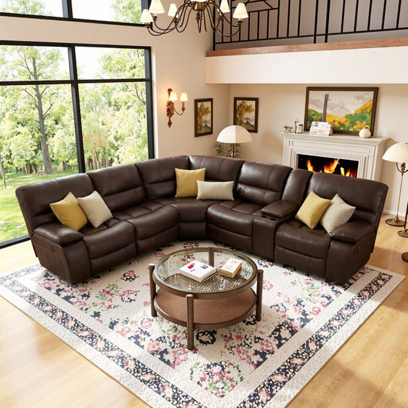 Culbreth 6 - Piece Modern Fancy Vegan Leather Power Reclining Sectional with Wide Back and Console, Brown Faux Leather