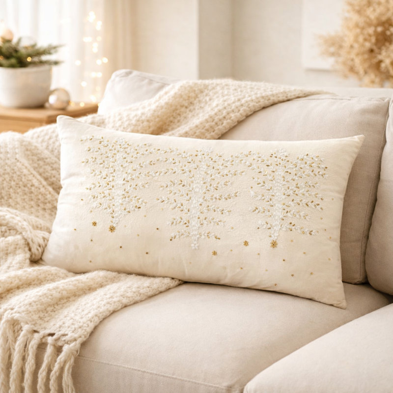 Decorative Pillow | Golden Twinkle Snowy Tree Pillow | 24x16"