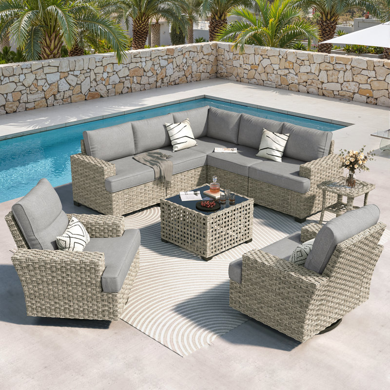 Ensemble de conversation modulaire d'extérieur en osier pour 7 personnes avec chaises pivotantes et coussins, ensemble de conversation pour patio avec table basse éclairée