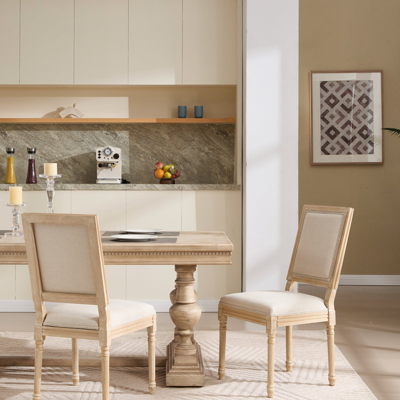 Chaises de salle à manger démontables de style français rembourrées à dossier carré beige, avec sculpture et tréfilage, toile de coton confortable avec dessin, bois massif