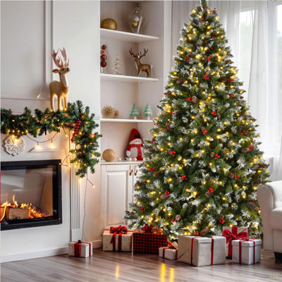 Christmas Tree Pre-Lit, Pre-Decorated Artificial 7.5ft Frosted Pine Holiday Decoration w/Frosted Tips, Pine Cones, Berries, Metal Base for Holiday Party Office Home