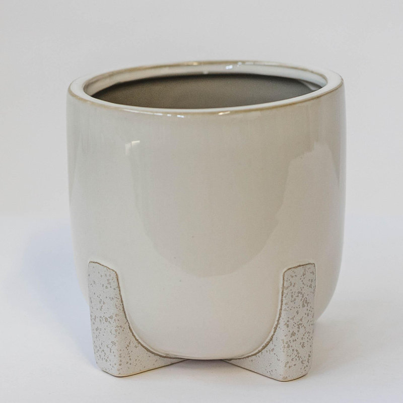 White Ceramic With Speckled Feet Planter, 5.25" H x 5.50" W x 5.50" D