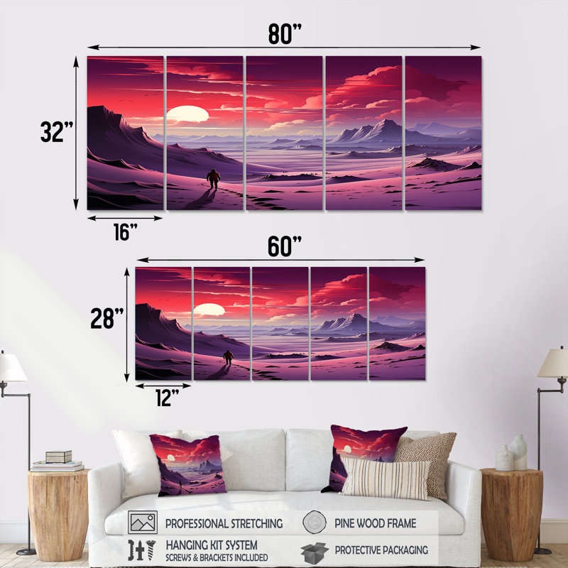 "Mauve et rose", homme perdu dans le désert II - décorations spatiales 5 pièces, H 32 po x l 80 po