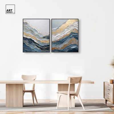 Golden Glam Waters Framed Canvas Print Blue Gold Wall Art Set by Art Remedy, Black Frame, 30 x 36