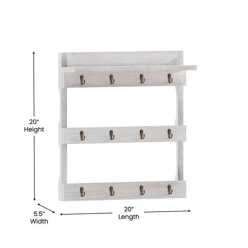 Wall Mount Coffee Mug Rack with Upper Storage Shelf, White Wash