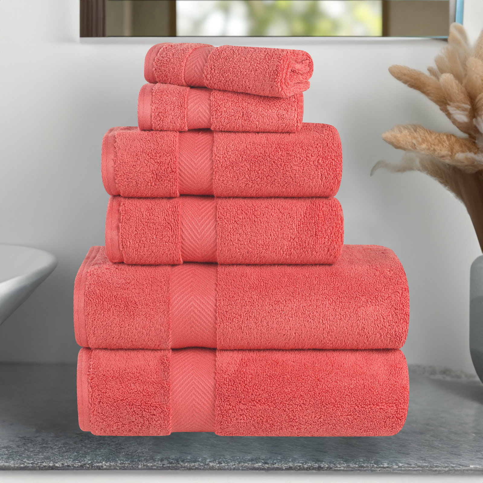 Hamachi 6-Piece Cotton Towel Set, Coral, 6 Piece Towel Set