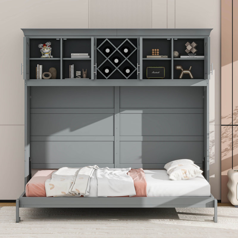 Queen Size Murphy Bed Wall Bed With Top Cabinets & Wine Rack, Gray