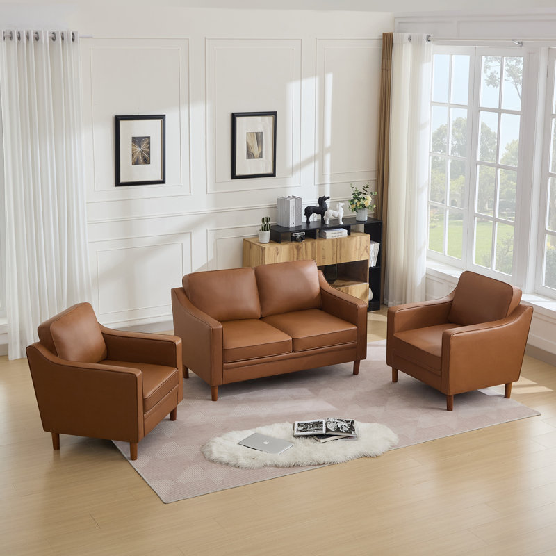 Ensemble de salon en similicuir 3 pièces Azriah, Faux Leather, Brun