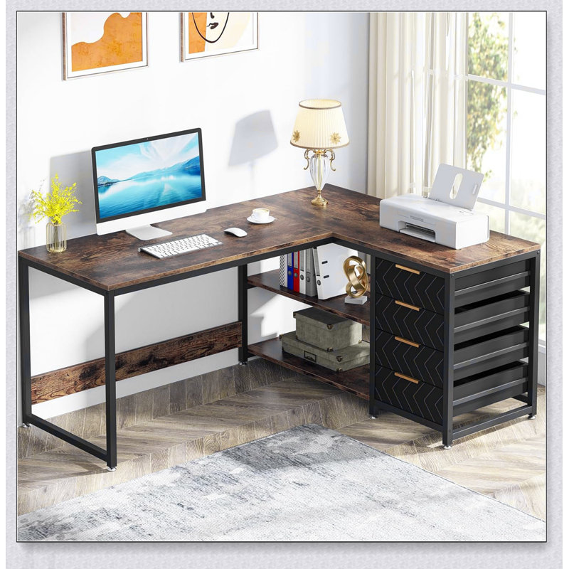 Bureau d'ordinateur en L 59 po avec tiroirs et tablettes de rangement, poste de travail de coin réversible, bureau d'écriture avec classeur