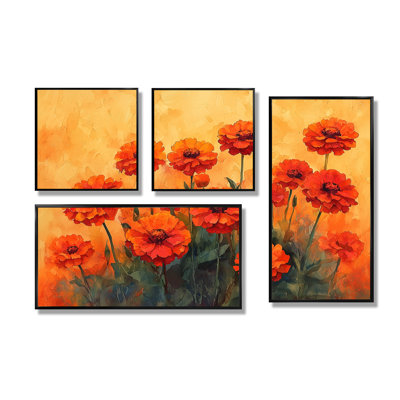 Zinnias Sunrise Orange Hues I - Art mural floral 4 pièces