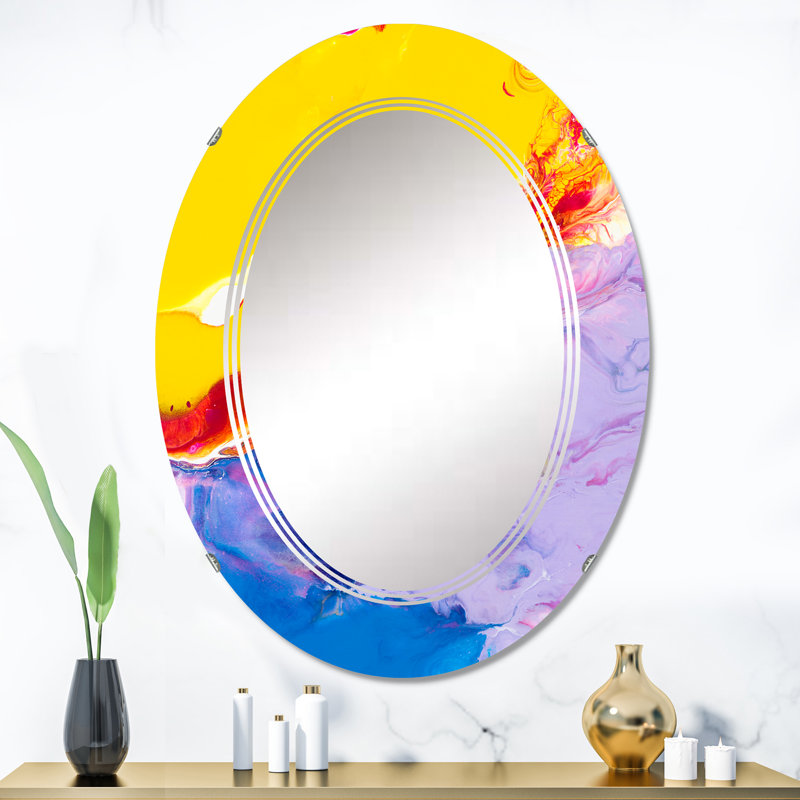 Jaune, jaune, rouge et bleu Stroke Universe I - Miroir mural moderne ovale, 36 po x 24 po