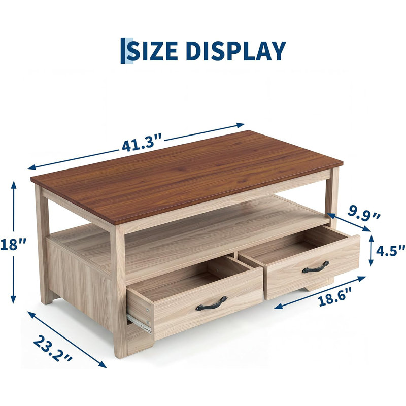 Table basse avec 4 tiroirs et tablette ouverte, Oak & Brown