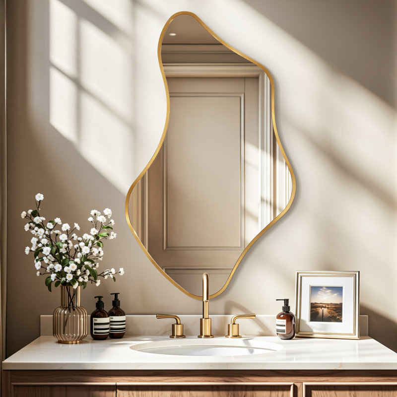 Luxury Asymmetrical Wall Mirror, Designer Irregular Bathroom Vanity Mirror with Sleek Aluminum Frame for Modern Interiors