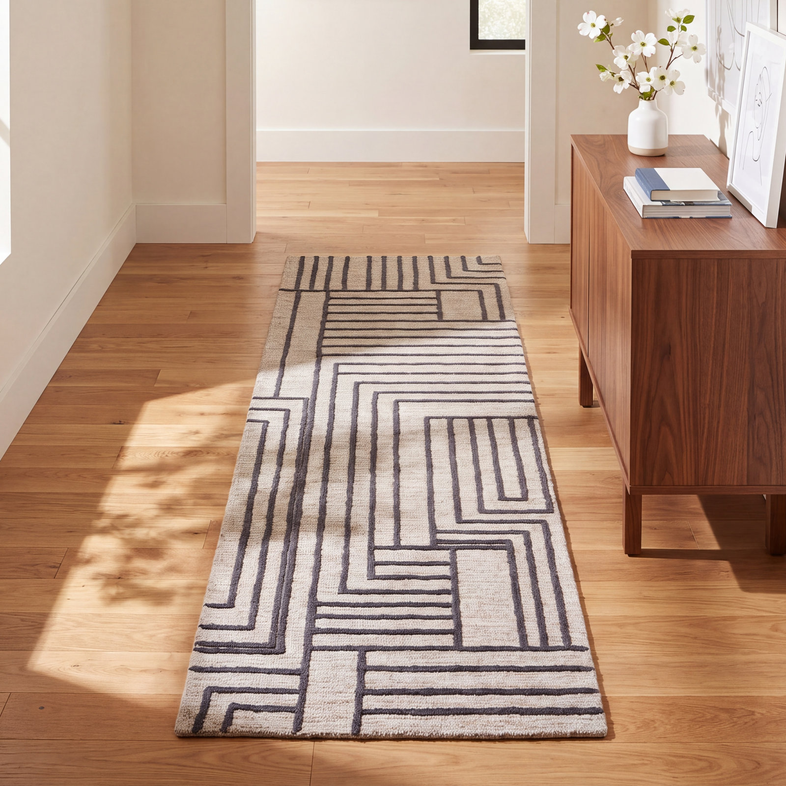 Gansett Tan Brown Hand-Woven Geometric Rug, Runner 2'6" x 8'
