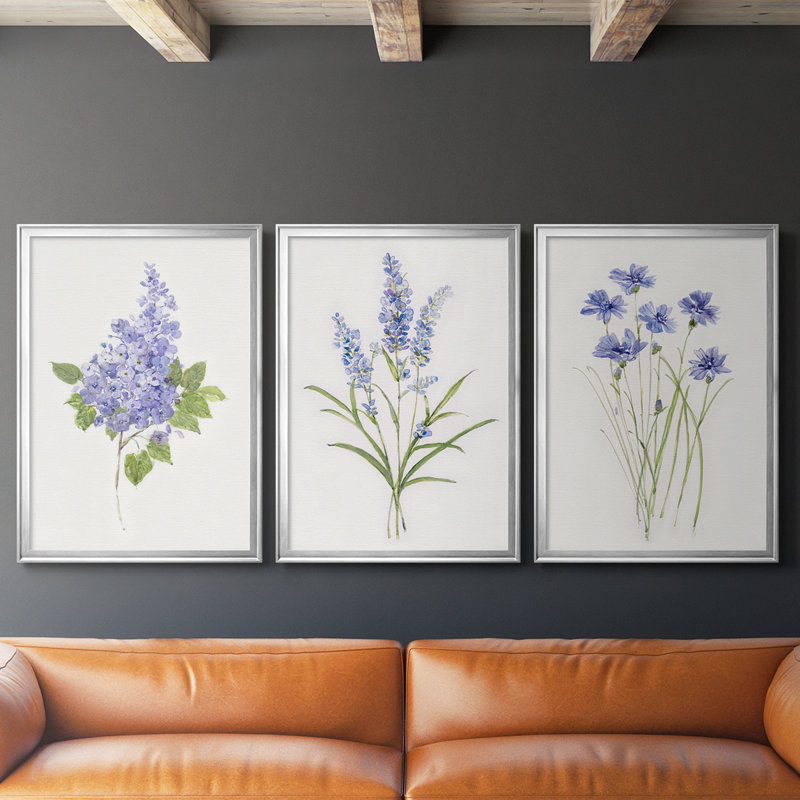 Lilas botanique délicat - Toile tendue avec châssis sur mesure - 3 pièces, H 27 po x l 57 po, Argent argent