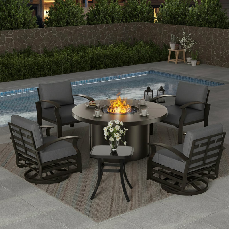 Outdoor Patio Aluminum 5-Piece Conversation Set Swivel&Glider Armchair With Round LP Fire Pit Table, Gray