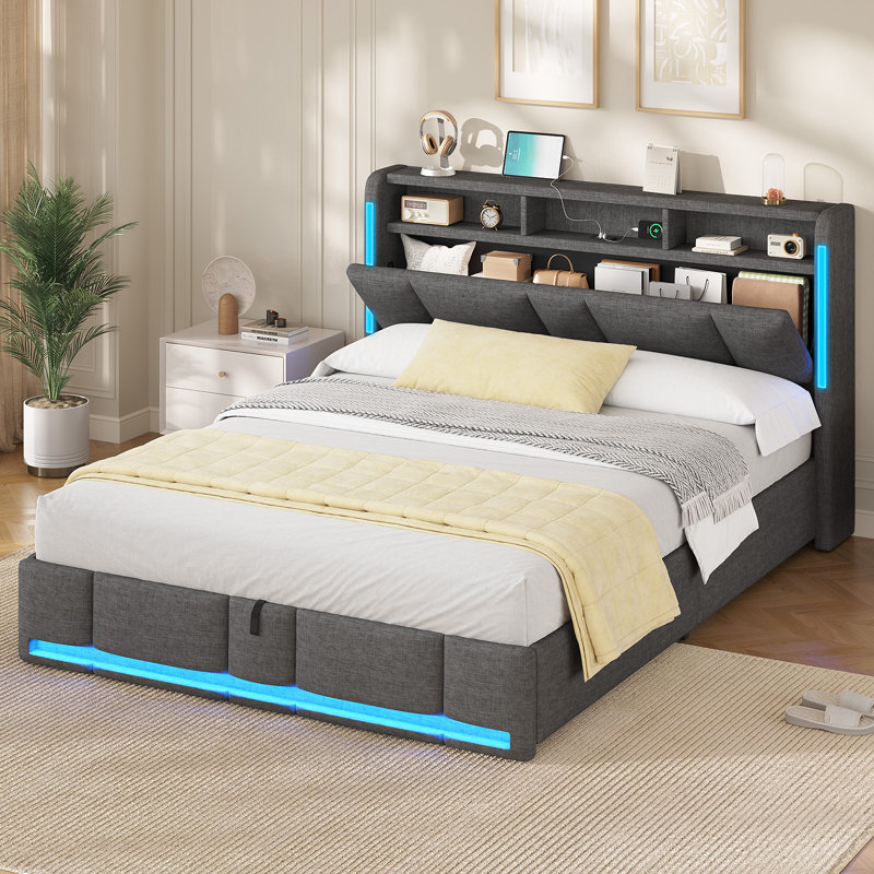 Ottoman Bed with Hydraulic Storage, Charging Station & Led Lights, Upholstered Platform Bed Frame with Storage Headboard, Sturdy Wood Slats