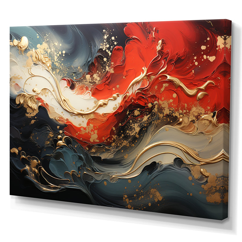 Rouge et or feu de marbre VI - art mural abstrait, Toile tendue, H 40 po x l 60 po x P 1,5 po