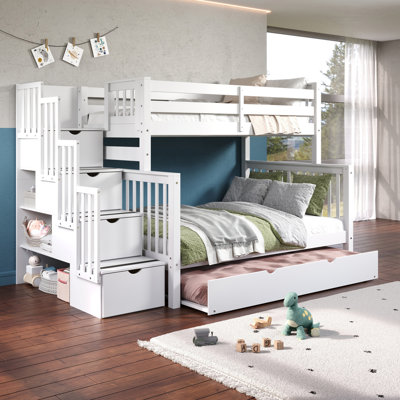 Tena Solid Wood Standard Stairway Bunk Beds Twin over Full, 4 Drawers in the Steps, Full Trundle, White