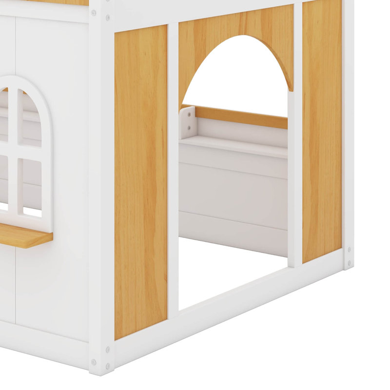 Lit superposé double au-dessus de double avec tablettes de rangement, fenêtre et deux portes, Lit superposé double sur double