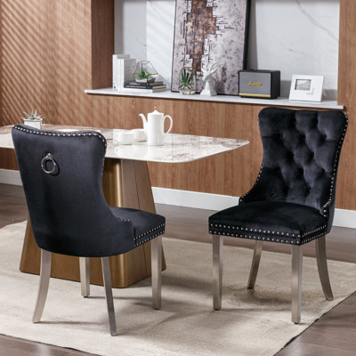 2 chaises de salle à manger, revêtement en velours, pieds en bois massif, garniture cloutée, chaise rembourrée contemporaine noire, 2 pièces, base en acier inoxydable noir et