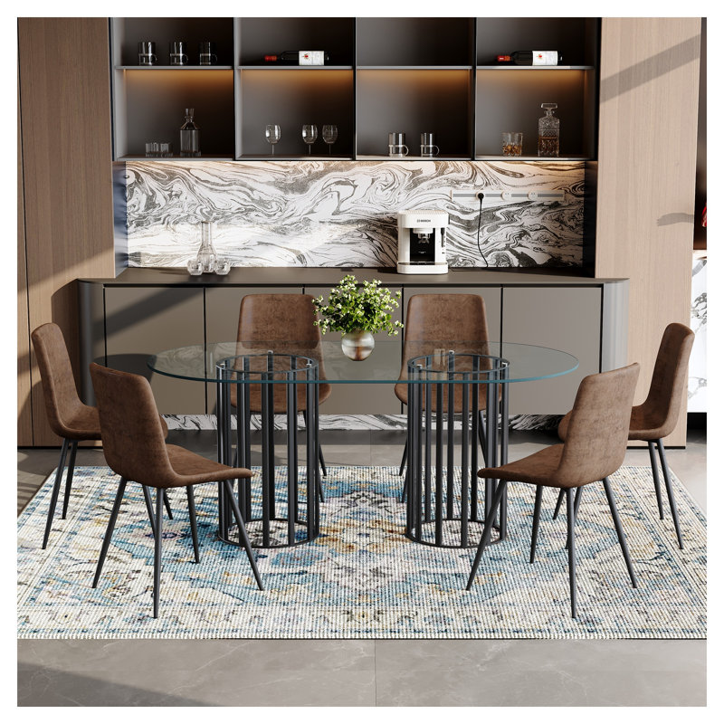 Ensemble de table de salle à manger 71 "ovale en verre avec 6 chaises en tissu brun - Mobilier de cuisine moderne, Brun