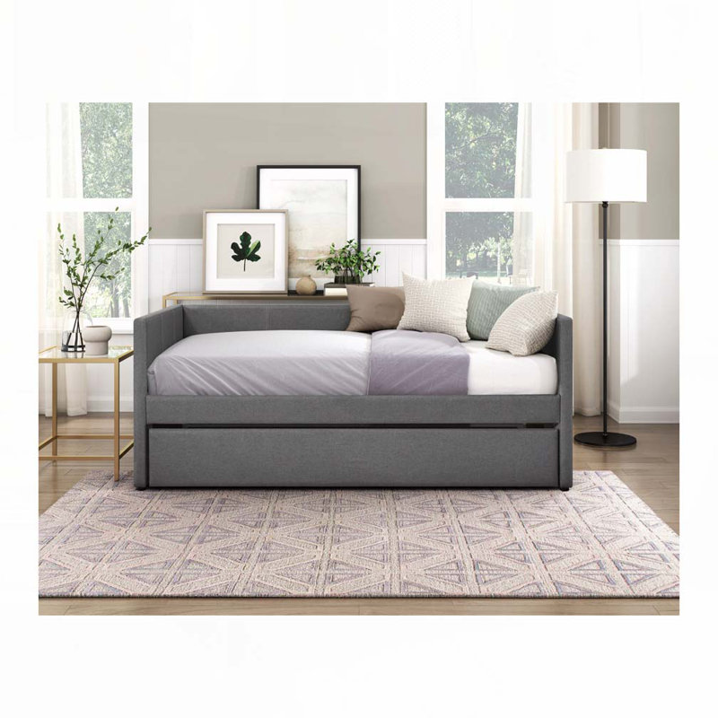 Upholstery Wooden Frame Daybed with Pull Out Trundle, Gray