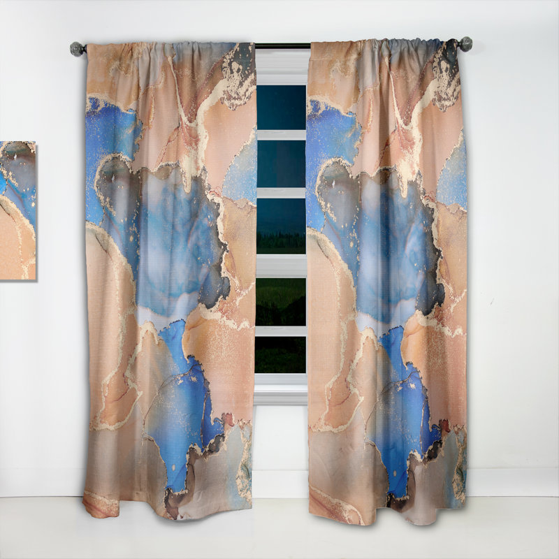 Bleu et orange, art abstrait fluide de luxe - Rideau abstrait - Velours obscurcissant - 1 panneau, L 52 po x L 95 po