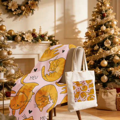 Christmas Pink 'MEW' Ginger Cat 2-Piece Cozy Gift Set: 30x40 Inch Flannel Blanket + 15.75x13.78 Inch Canvas Tote – Festive Holiday Pet-Themed Home Decor Bundle