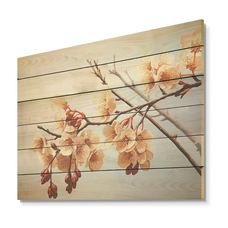 Douce branche de fleur de brun doux - Art mural en bois sur bois de pin naturel, H 30 po x l 40 po